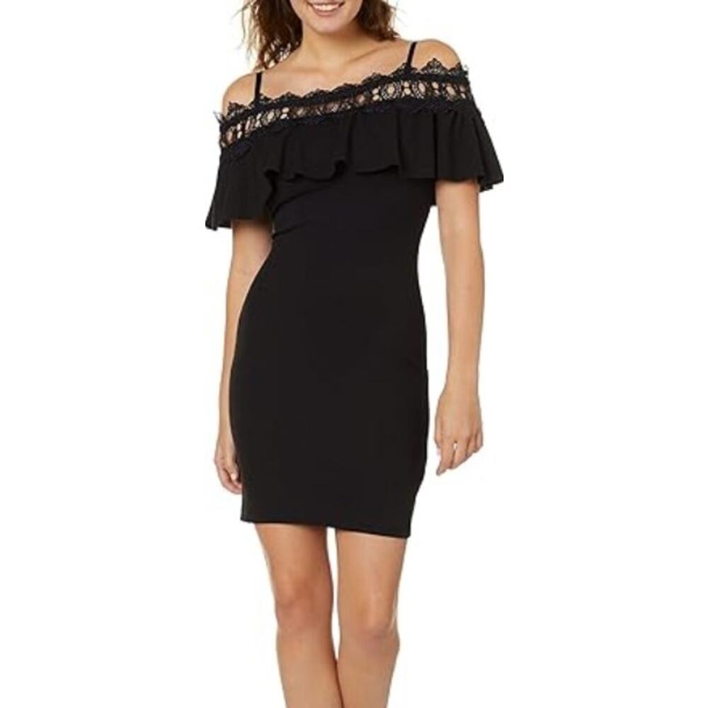 Mini Dress Off-The-Shoulder Crochet Black Sheath Bodycon Ruffled Trendy Sz 3 NWT